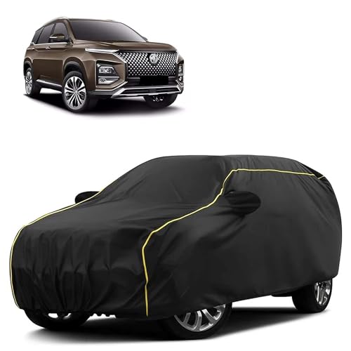 Image of Sulfar 100% Water Resistant Car Body Cover Compatible with Mirror for MG Hector (Triple Stitched, Full Bottom Elastic, Black Taffeta with Yellow Piping)