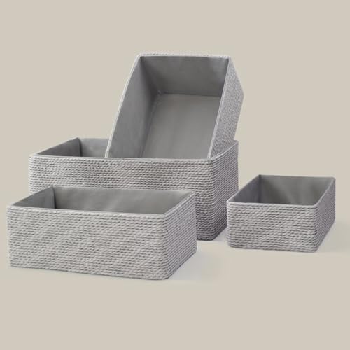 Image of Recycled Wicker Storage Basket, Paper Rope Storage Baskets for Organizing Container Bins for Shelves Cupboards Drawer, Small Woven Basket Set of 4