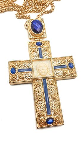 Nazareth Store Pectoral Cross Jesus Face Crucifix Pendant Icon Blue Crystallized Stones Elements Christian Christian Priest Bishop Necklace 20  in Gift Box
