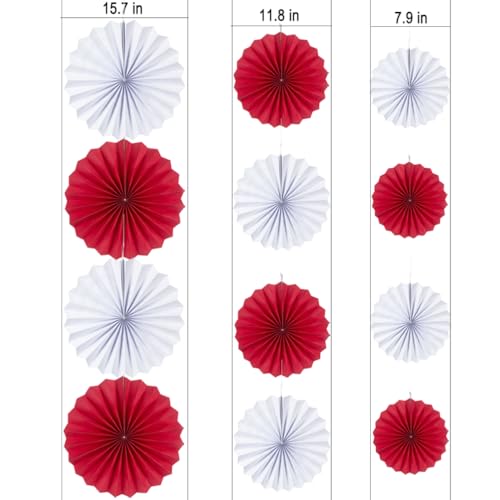 Image of MOWO Red and White Paper Fans Wall Hanging Decoration, 12pc | Background Ceiling Hanging Decoration, Birthday Graduation St.George's Day England Theme Party, 12pc