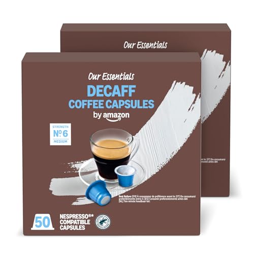 by Amazon Cápsulas de Café Lungo Descafeinado de Plástico Compatibles con Nespresso, Tostado Medio, 100 Unidades (2 Paquetes de 50), Certificadas por Rainforest Alliance