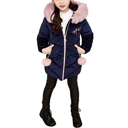 Evelin LEE Kids Girls Faux Fur Collar Hooded Velvet Puffer Jacket Winter Warm Zip Up Outwear Coat2