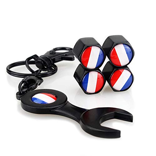 1 Set France FR Drapeau De Roue De Valve De Pneu De Capuchon Universel De Voiture des Cache-Poussières De Pneu Tige De Valve Couverture + Clé Antivol Noir Porte-clés pour Voiture/Moto/Vélo