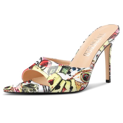Image of TNYNFBEB Womens Stiletto High Peep Open Pointed Toe Sandals Mules Shoes Slip-on Slingback Office Party Dress Patent Leather Summer 3.9 Inches Heels