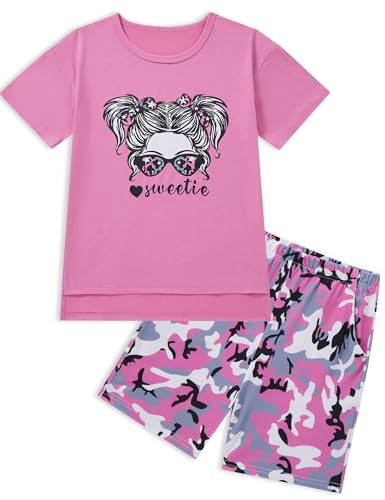 Image of mksodopy Girls Summer Clothse Graphic Print Front and Back High and Low Irregular T-shirt Cycling Shorts Set
