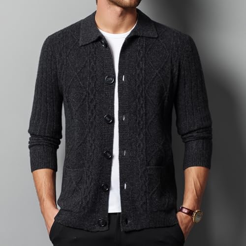 Mens 100% Wool Lapel Cardigan Sweater Cable Knitted Button Down Sweaters Chunky Fall Winter Outwear with Pockets2