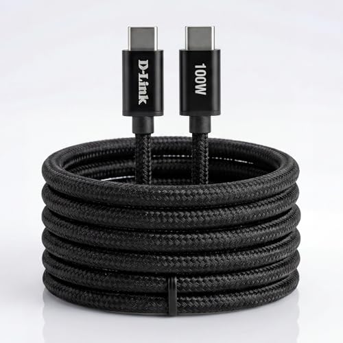 Image of D-Link DPA-FC501 Type-C to Type-C Fast Charging Cable 1.5M Braided 5.0A (100W) Output E-Marker Chip Nylon Tangle-Free Metal Connector High-Speed 480 Mbps Data Transfer Black