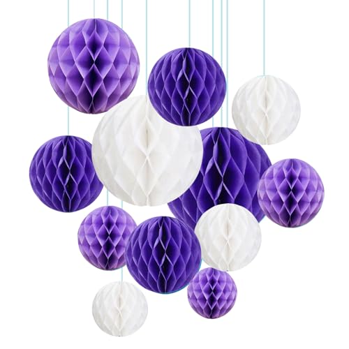 Image of ZOOYOO 12Pcs 6 inch 10 inch Honeycomb Balls Decorations Hanging Tissue Paper Pom Poms for Birthday Wedding Party Decorations, Home Decor (Purple)
