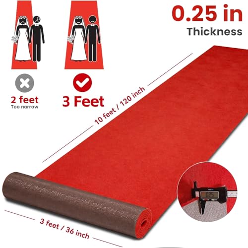 Red Carpet Runner 3x10 ft, Extra Thick 450 GSM Aisle Runner Rug, Non Slip 480 GSM TPR Rubber Backed Event Carpet Runner for Wedding, Party, Prom, Hollywood Runway, VIP Entrance