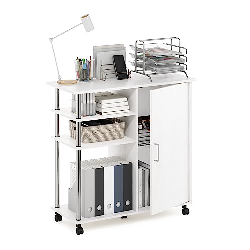 Image of Furinno Helena Multipurpose Storage Cabinet /Shelves,Printer Stand with Lockable Wheels, Stainless Steel Tubes, White Oak /Chrome