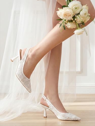 Image of Slingback Wedding Heels for Women Bridal Lace Mesh Kitten Heel Closed Pointed Toe Pearl Pumps Shoes