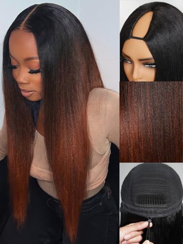 Image of KLAIYI Ombre Reddish Brown Yaki Straight V Part Wig Human Hair Upgrade U Part Wig with Dark Roots No Leave Out Drawstring Clip In Half Wigs Glueless 30S Ready to Wear and Go Natural Hairline 16Inch