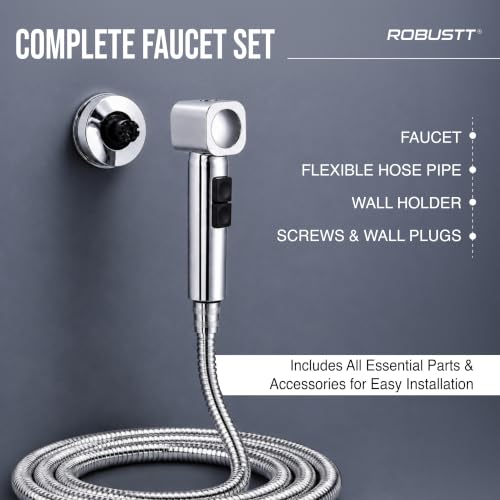 Image of Robustt Health Faucet for Toilet with 1.2m Hose (304 SS) with Adhesive Wall Mount Holder |2 Flow Modes | Jet Spray Pipe for Toilet with Stream & Rain Settings - Chrome Finish Bathroom Faucet