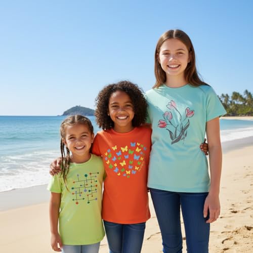 Image of Girls Cotton Crew Round Rib Neck Short Sleeve T-Shirts, Green, Orange red, Turquois
