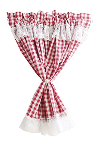 A.Monamour Rideau de Cuisine Court pour Petit Fenêtre Vichy Coton à Carreaux Rouges Voile Dentelle Blanc Opaque Rideau Brise-bise Rideaux à étages Rideaux...