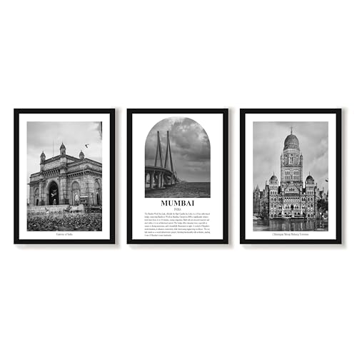 Image of PAINTINGMANTRA Wall Framed Painting for Home A3 Mumbai Wall Art Prints Pack of 3 Framed Wall D cor of Heritage Landmarks Gateway of India Bollywood Cityscapes for Living Room, Office (32x44 cm)