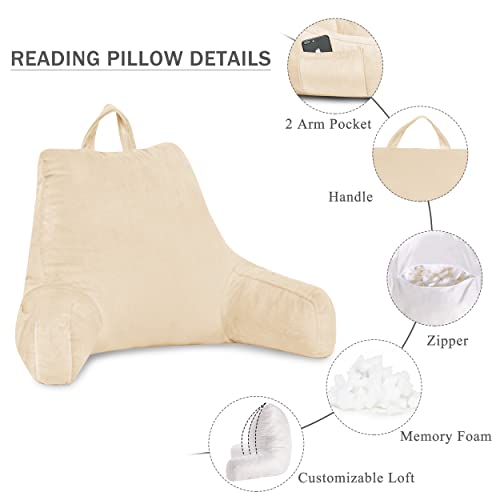 Downluxe Reading Pillow With Support Arms, Bed Pillows For Sitting Up In Bed/Couch, Large Adult Arm Pillow With Shredded Memory Foam And Removable Cover (20 X 15 Inches Beige) #TOP2
