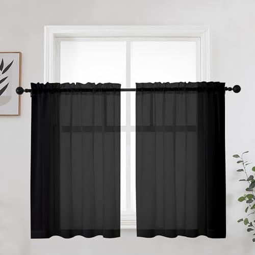 Image of OWENIE Short Black Sheer Curtains 36 Inches 2 Panels Set - Kitchen Tiers Valances Curtains Light Filter Rod Pocket Voile Cafe Curtains for Kitchen Bathroom Small Half Window, 42 in W x 36 in L, Black
