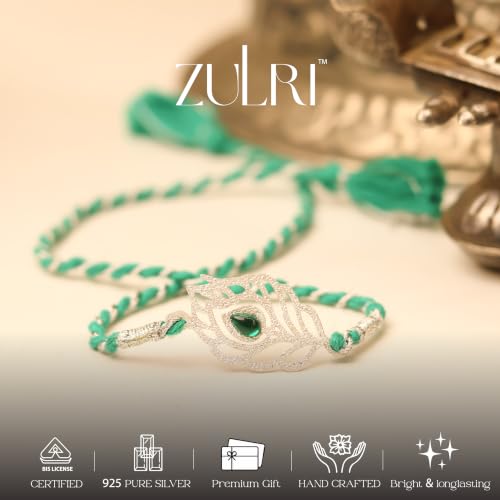 Image of 92.5 Sterling Silver Peacock Feather with Stone Thread Rakhi For Rakshabandhan | Rakhi With Fragrance Greeting Card & Roli Chawal and Silver Certificate of Authenticity