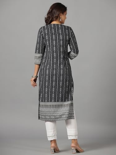 Image of Juniper Black Ethnic Motif Printed Rayon Slub Kurta with Beads & Sequins Work