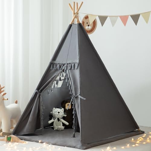xiaowantong Kids Teepee Tent with Padded Mat, Lights, and Carry Bag,Natural Cotton Canvas Washable Playhouse for Indoor Use,Ideal Play Tent for Girls and Boys