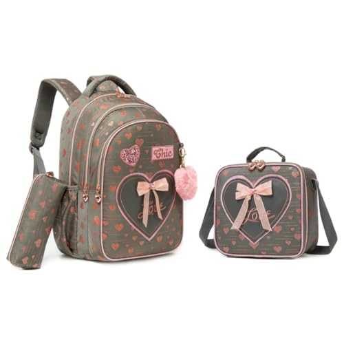 Conjunto de Mochila Infantil 3 Peças, Corações e Laço, Mochila Escolar com Bolsa Térmica e Estojo (Cinza)