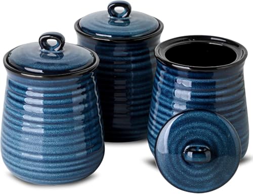 Tikooere Ceramic Food Storage Jars,25 Oz Porcelain Kitchen Canisters with Airtight Lids Set of 3,Flour Containers for Countertop,Farmhouse Decor Serving Ground Coffee,Tea,Sugar,Pasta and Rice,Blue