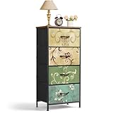 Nightstand, 4 Drawer Dresser End Table Bedside Furniture with Wooden Top Steel Frame Fabric Bins for Bedroom, Closet, Entryway, Dorm, Living Room, Floral Painted