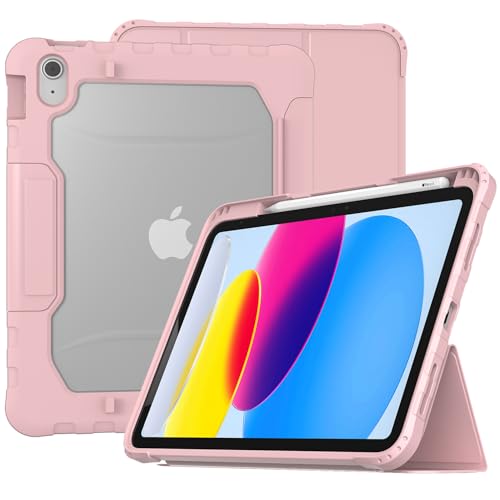 iPad (A16)10th Generation Case, iPad 10.9 Case 2025/2022(Model:A2696 A2757 A2777), Shockproof Silicone Case with Tempered Glass Screen Protector, Pencil Holder & Shoulder Strap, Handle Stand (B-Pink)