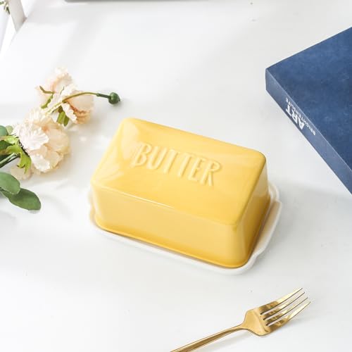 Porcelain Covered Butter Dish with Lid for Countertop Butter Holder Container for One Stick of Butter. Textured Tray Butter Keeper for Non Slip Storage-Yellow - Image 4