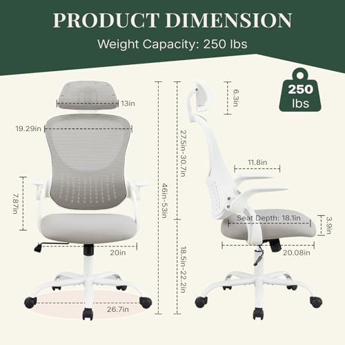 Image of Ergonomic Light Weight Office Chair, Comfy Desk Chair with Wheels, Work Chair with Adjustable Headrests, Flip-Up Armrests, Breathable Mesh Back, Small Computer Chair for Home Computer, Grey