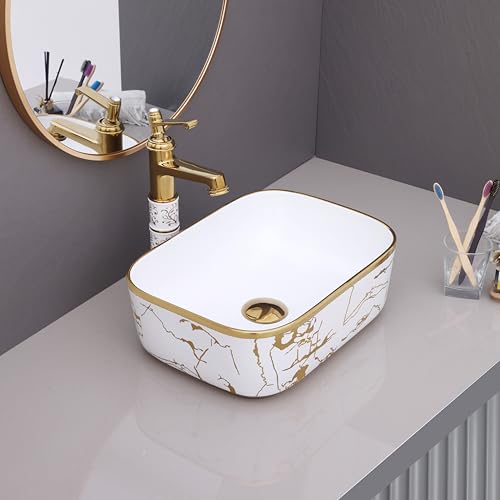 Image of LUXART Rectangular Ceramic Vessel Sink, White with Gold Marble Pattern Design, 16 x 12 x 6 Inch Luxury Tabletop Wash Basin for Bathroom Vanity, Hotel & Guest Rooms