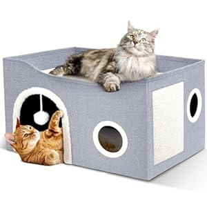 Heeyoo Cat House for Indoor Cats – Large Cat Bed Cave with Fluffy Ball and Scratch Pad, Foldable Cat Condos, Cat Cubes, Cat Hideaway, Covered Cat Bed