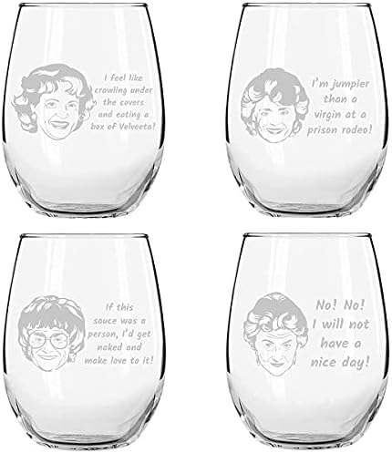 Golden Girls Inspired Stemless Wine Glass Set of 4 (15 oz)- USA MADE-Funny Novelty Glasses for Party, Event, Girls Night-Gift For Mom, Women Best Friend- Fun Drinking for Bachelorette Parties