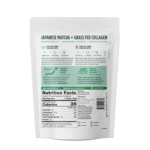 Image of Jade Leaf Matcha Latte Mix w /Collagen Peptides Powder, Unsweetened, 5.3oz | Two Ingredients: Organic Matcha Powder and Grass Fed Bovine Collagen - Sugar Free, Sweetener Free - 8g Protein Per Serving