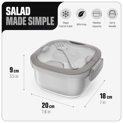 Image of Salad Container with Ice Pack & Handle, 6.8 Cup / 1600ml Large Portable Salad Bowl Lunch Box with Lid, Fork Holder & Sauce Cup, 4-Compartment Removable Tray Meal Prep Bento Box, Gray