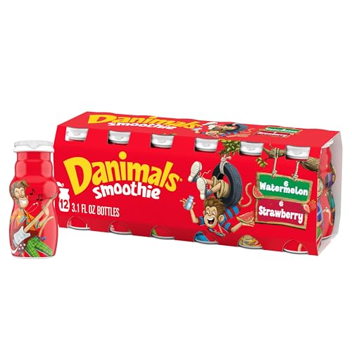 Danimals Smoothie Strawberry and Watermelon Dairy Drink Multi-Pack, Creamy and Delicious Low Fat Snacks for Kids, 12 Ct, 3.1 oz Smoothie Bottles