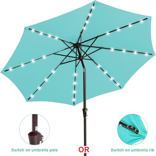 Image of JEAREY 9FT Outdoor Patio Umbrella with Solar Lights, LED Lighted Pool Umbrella with Tilt and Crank, Outdoor Table Umbrellas for Deck, Yard & Market (Teal)