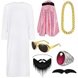 Xietaea Arabisches Scheich Kostüm Herren - 7 Stück Araber Kopftuch Weiß Tunika Bart Sonnenbrille, Halsketten und Ring für Cosplay Karneval Fasching und Halloween Party