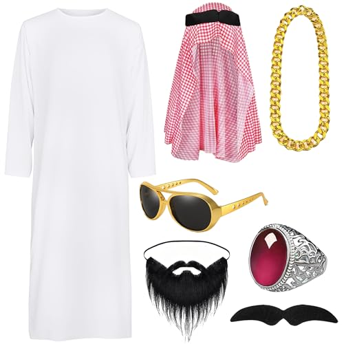 Xietaea Arabisches Scheich Kostüm Herren - 7 Stück Araber Kopftuch Weiß Tunika Bart Sonnenbrille Halsketten und Ring für Cosplay Karneval Fasching und Halloween Party