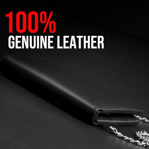Image of CLASSIC Motorcycle Chain Wallet for Men - Premium Cowhide Leather, RFID Bi-Fold Biker Wallet with Heavy Duty Chain for Bikers Truckers & Hunters, Credit Card Money Organizer Long Wallet Aniline Black