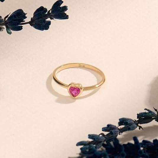 Premium Plated14k Gold Tiny Heart Ring, Gold Ruby Promise Ring, Dainty Stack Ring, Bezel Gemstone Pinky Rings for Women, Delicate Birthstone Ring4
