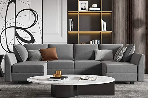 BLACK OAK R1 Reversible Sectional Couch U-Shaped Sofa with Modern Fabric Modular Sectional Sofa with Chaises, Grey