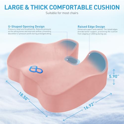 Image of BlissTrends Extra Thick Seat Cushion for Office Chair & Car Seat, Pink | Tailbone & Sciatica Relief, Ergonomic Support, High-Density Memory Foam, Comfort for Extended Sitting