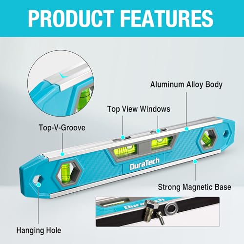 DURATECH Magnetische torpedo-waterpas, 300 mm, met 4 ampullen met hoge zichtbaarheid, hoek 45/0, 5 lijnen/90 graden, behuizing van aluminiumlegering, krachtige magneetvoet - Afbeelding 4
