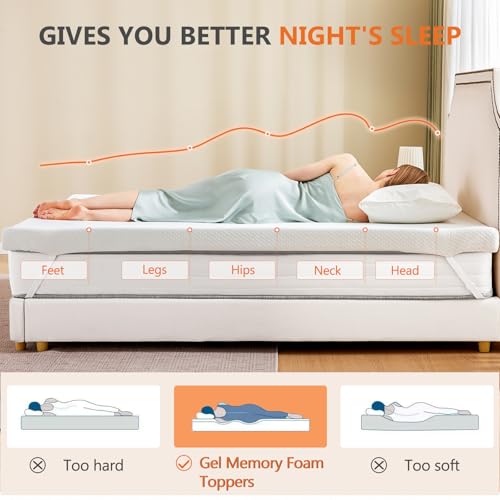 Image of DUMOS 3 Inch Gel Memory Foam Mattress Topper Queen Size, Cooling Breathable Comfy Mattress Pad for Pain Relief, CertiPUR-US Certified (with Removable & Washable Cover)