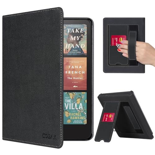 Image of CoBak Case with Stand for Kindle Paperwhite 12th Gen 2024 Released (7 inch) & Kindle Colorsoft Signature Edition - Durable PU Leather Cover with Auto Sleep Wake, Card Slot, Hand Strap Feature, Black