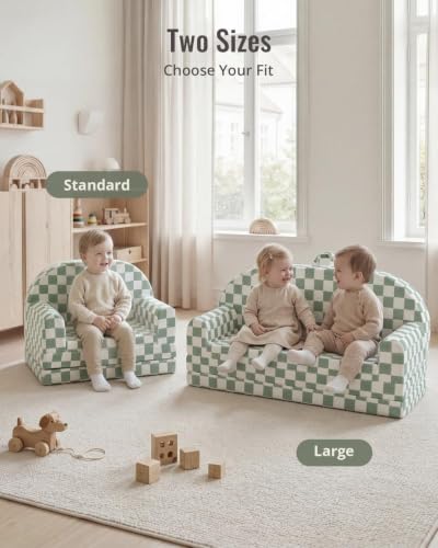 Image of Blissful Diary Foldable Kids Couch, Extra Wide Kids Sofa Chair, Sage Check | 30.7 inch Wide Seat, 2-in-1 Fold Out Comfy Design, High-Density Foam Support, Washable Cover, Carry Handle