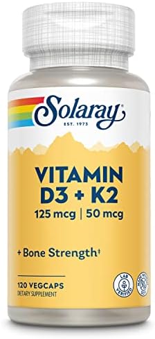 SOLARAY Vitamin D-3 + K-2, Calcium Absorption, Bone Strength, Cardiovascular & Immune Function Support (120 Count (Pack of 1))