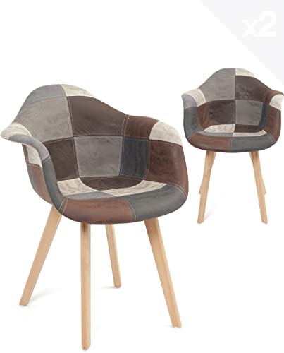 KAYELLES Lot de 2 chaises fauteuils scandinaves Patchwork Multicolore, siège à accoudoirs, rembourré Mousse, Pieds Bois de hêtre Claire NEDA (Patchwork...